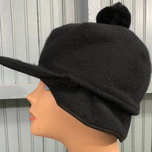 Black Langenberg Fleece 7 1/4 Pom Ear Flaps Made USA Winter Ski Hat